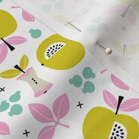 Sweet apple garden and botanical leaves and black berries autumn print pink yellow