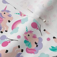 Rainbow and unicorn pegasus party print with birds and balloons lilac