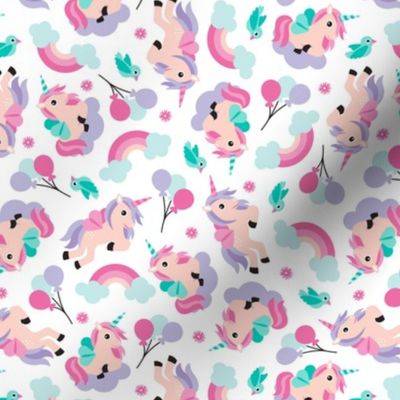 Rainbow and unicorn pegasus party print with birds and balloons lilac