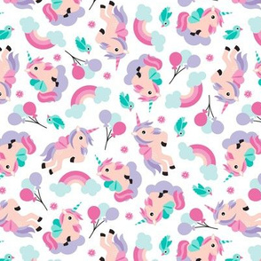 Rainbow and unicorn pegasus party print with birds and balloons lilac