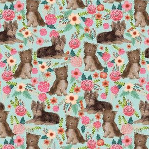 chocolate yorkie (smaller scale) fabric cute chocolate yorkshire terrier florals vintage style floral fabric cute christmas fabrics