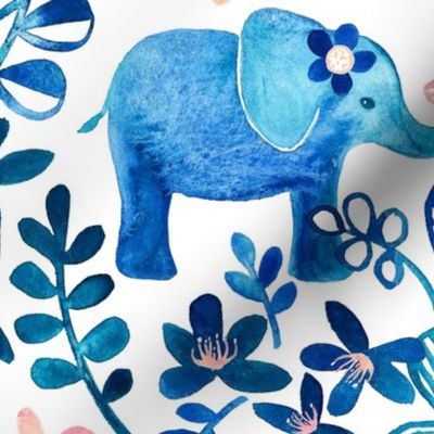 Little Blue Elephant Watercolor Floral on White - large print version