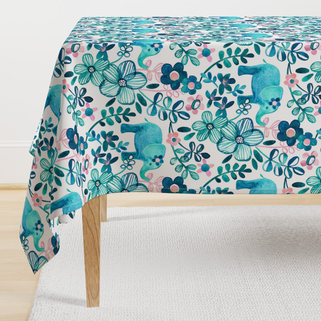 Little Teal Elephant Watercolor Floral on White - large print version