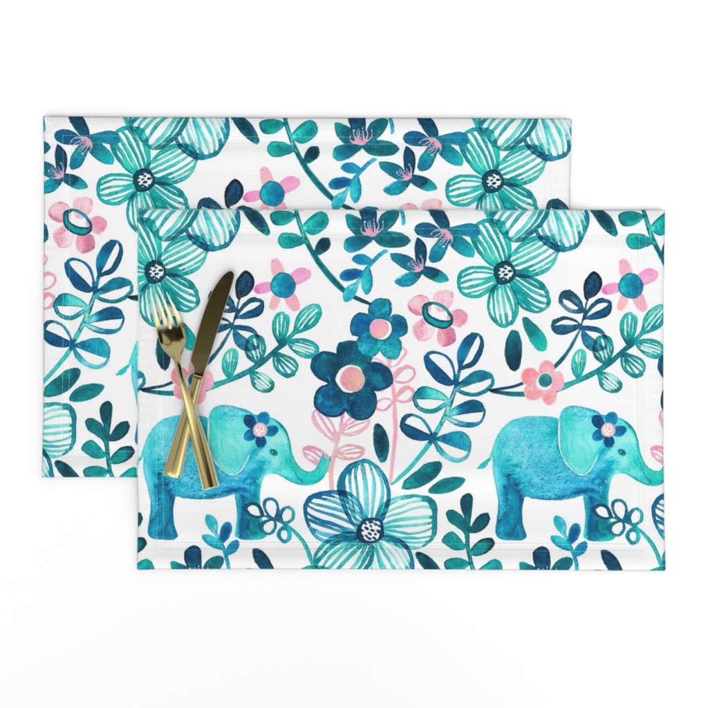 Little Teal Elephant Watercolor Floral on White - large print version