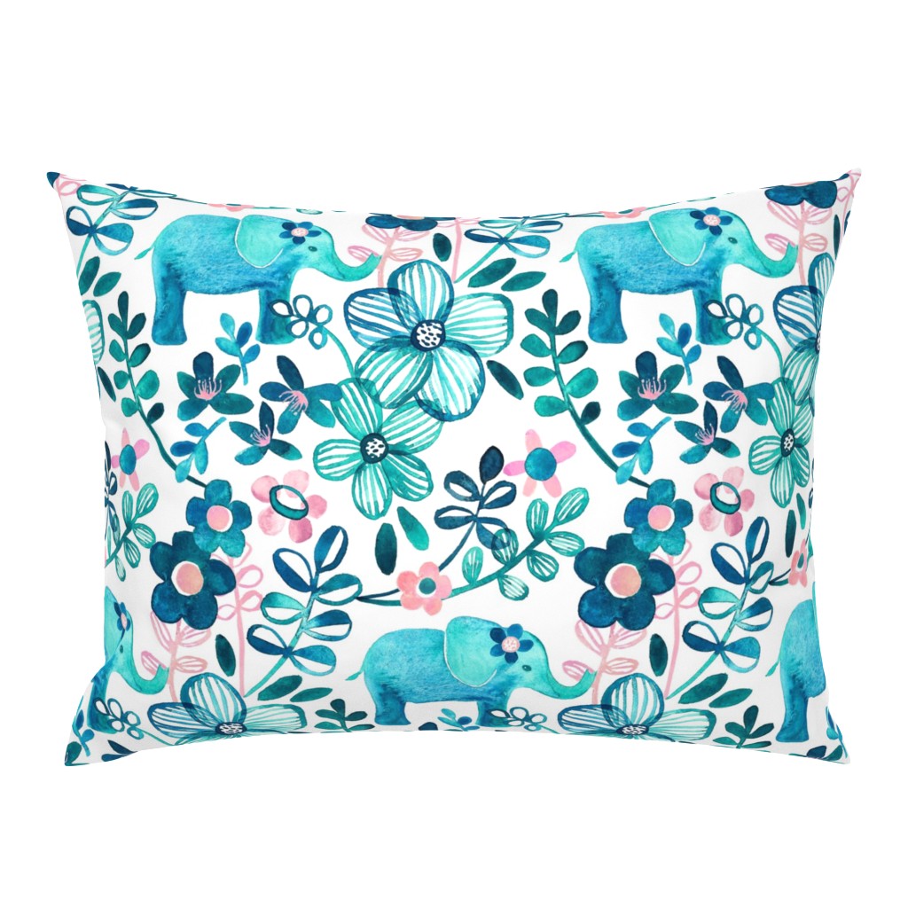 Little Teal Elephant Watercolor Floral on White - large print version