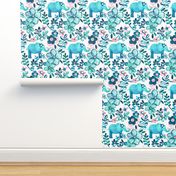 Little Teal Elephant Watercolor Floral on White - large print version