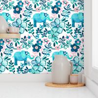 Little Teal Elephant Watercolor Floral on White - large print version