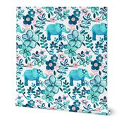 Little Teal Elephant Watercolor Floral on White - large print version