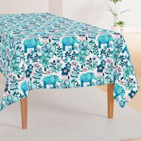 Little Teal Elephant Watercolor Floral on White - large print version