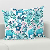Little Teal Elephant Watercolor Floral on White - large print version
