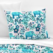 Little Teal Elephant Watercolor Floral on White - large print version