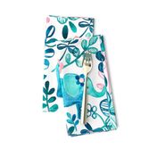 Little Teal Elephant Watercolor Floral on White - large print version