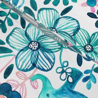 Little Teal Elephant Watercolor Floral on White - large print version