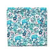 Little Teal Elephant Watercolor Floral on White - large print version