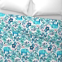 Little Teal Elephant Watercolor Floral on White - large print version