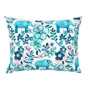 Little Teal Elephant Watercolor Floral on White - large print version