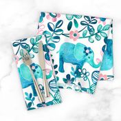 Little Teal Elephant Watercolor Floral on White - large print version