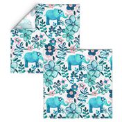 Little Teal Elephant Watercolor Floral on White - large print version