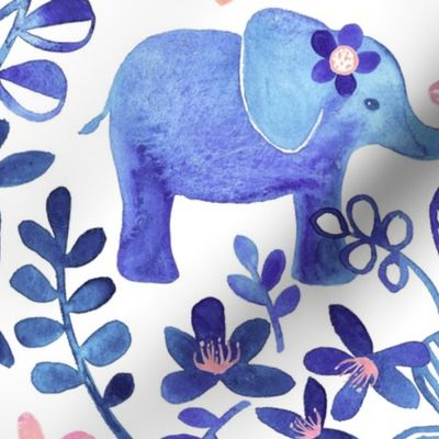 Little Purple Elephant Watercolor Floral on White - large print version