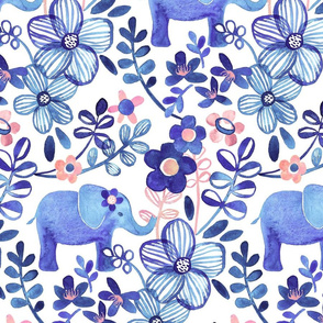 Little Purple Elephant Watercolor Floral on White - large print version