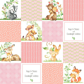 Hugs & Kisses Cheater Quilt Panel - Baby Girl Animals Patchwork Wholecloth- Shrimp Pink, Peach, Soft Pink