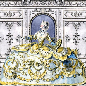 Marie Antoinette inspired princesses white yellow gowns baroque victorian flowers floral applique festoon door wall swirls scrolls filigree leaves decoration leaf ballgowns rococo beautiful woman lady beauty elegant gothic lolita egl 18th pouf Bouffant ce