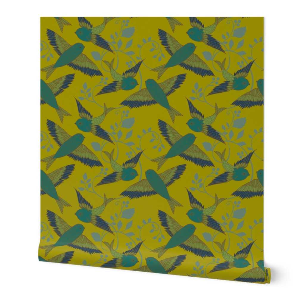 Turquoise Birds on Pear - medium scale