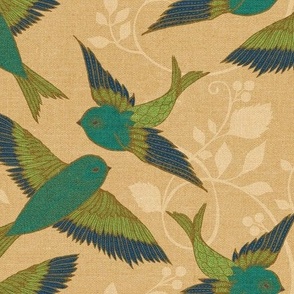 Blue Green Birds on Linen-medium scale