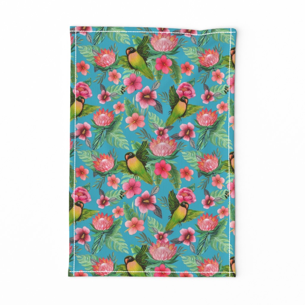 Tropical flowers & Lovebirds on blue