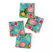 Tropical flowers & Lovebirds on blue