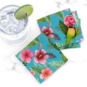 Tropical flowers & Lovebirds on blue