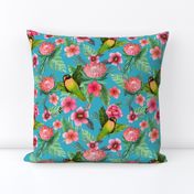 Tropical flowers & Lovebirds on blue