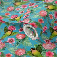 Tropical flowers & Lovebirds on blue