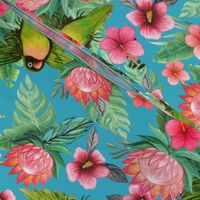 Tropical flowers & Lovebirds on blue