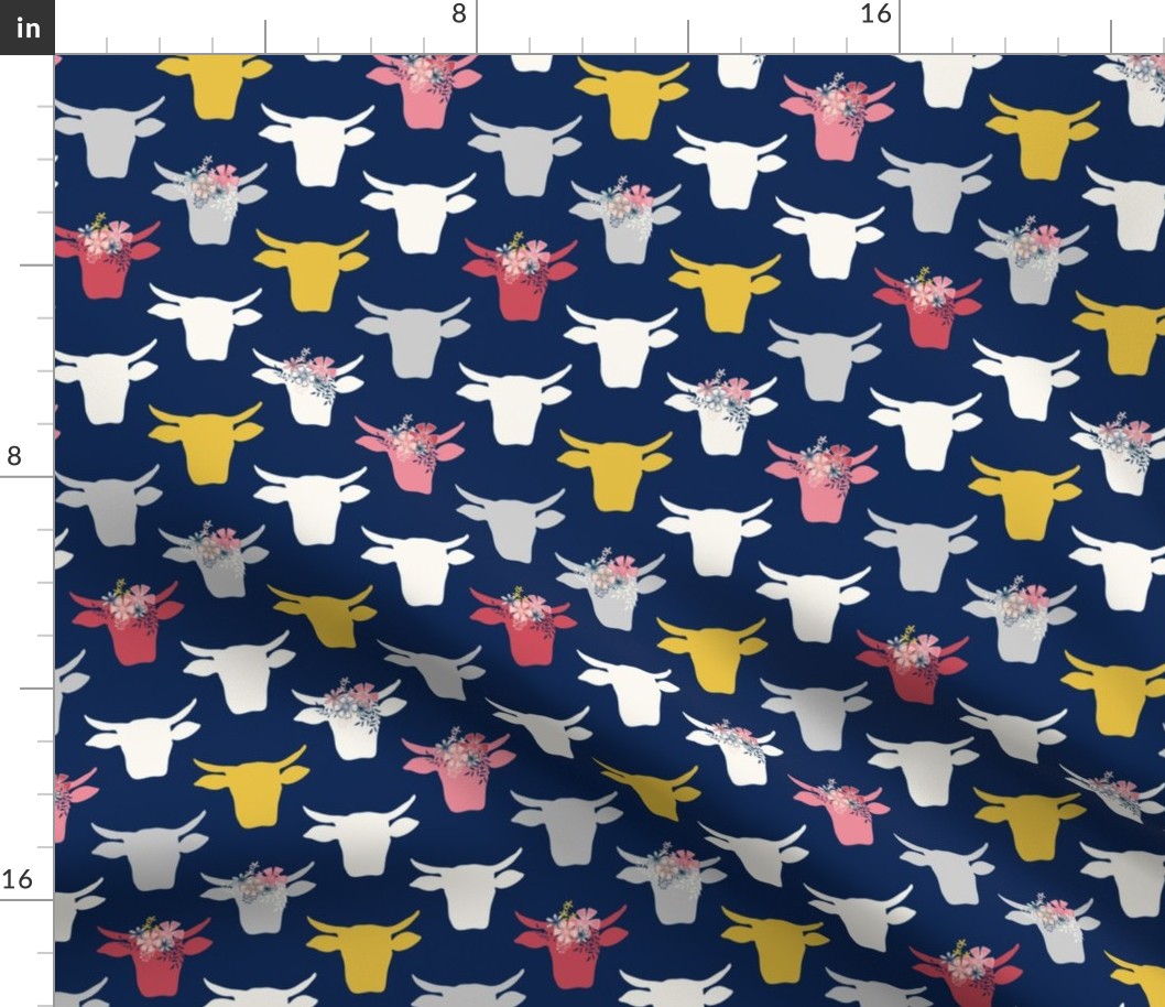 Cow Heads with  Flowers - Pink, Gold, Navy