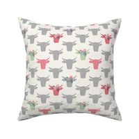 Cow Heads with Flowers - Pink, Grey, Green, H White