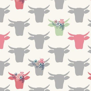Cow Heads with Flowers - Pink, Grey, Green, H White
