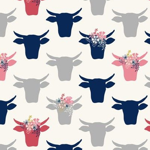 Cow Heads with Flowers - Pink, Grey, Navy, H White