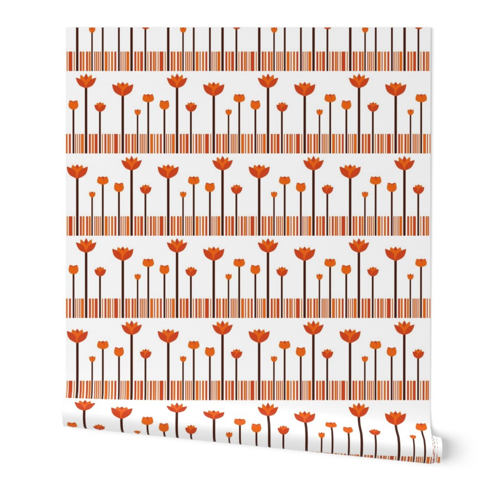 A warm, stylized orange tulip garden pattern with rhythmic stripes.