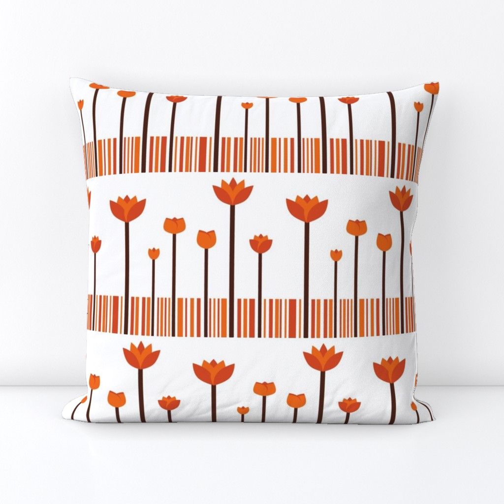 A warm, stylized orange tulip garden pattern with rhythmic stripes.