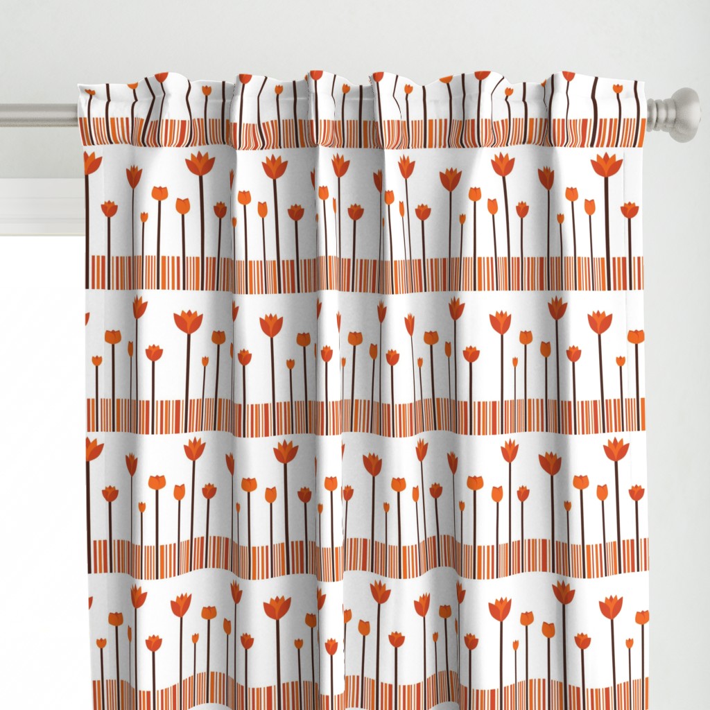 A warm, stylized orange tulip garden pattern with rhythmic stripes.