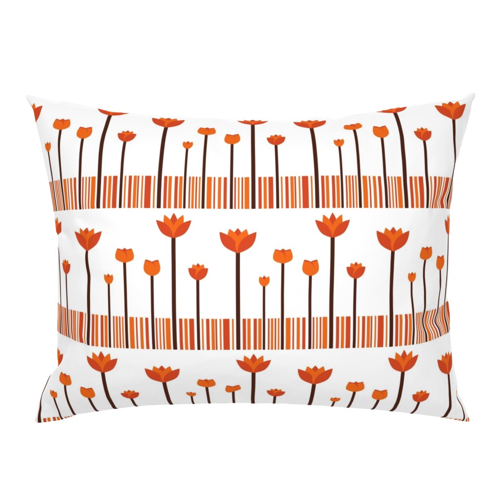 A warm, stylized orange tulip garden pattern with rhythmic stripes.