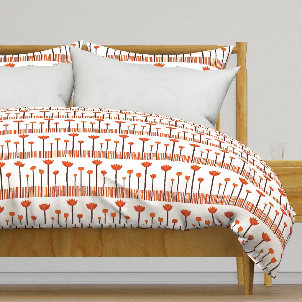 A warm, stylized orange tulip garden pattern with rhythmic stripes.
