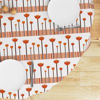 A warm, stylized orange tulip garden pattern with rhythmic stripes.