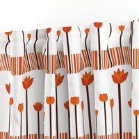 A warm, stylized orange tulip garden pattern with rhythmic stripes.