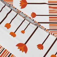 A warm, stylized orange tulip garden pattern with rhythmic stripes.