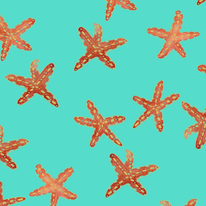 Aqua, Coral and Gold Starfish Hand-Painted Watercolor on Aqua