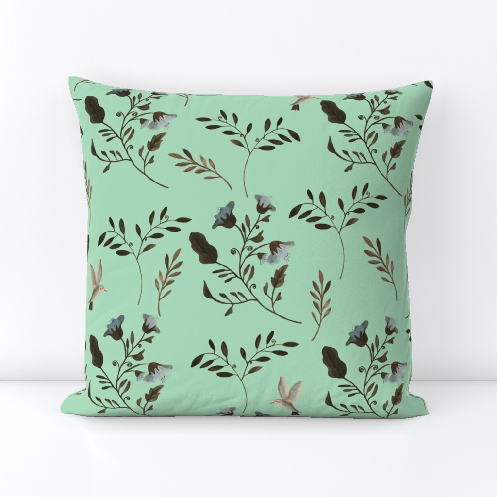 Hand-painted Bluebells and Bluebirds Floral Pattern in Mint