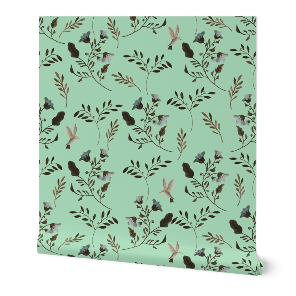 Hand-painted Bluebells and Bluebirds Floral Pattern in Mint