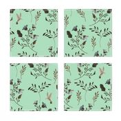 Hand-painted Bluebells and Bluebirds Floral Pattern in Mint